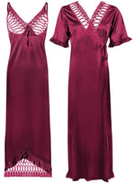 Afbeelding in Gallery-weergave laden, Wine / One Size Women Satin Nighty With Robe 2 Pcs Set The Orange Tags
