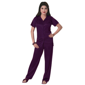 Dark Purple / One Size 3 Pcs Satin Pyjama Set with Bedroom Slippers The Orange Tags