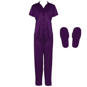 Dark Purple / One Size Satin Pyjama Set With Bedroom Sleepers The Orange Tags