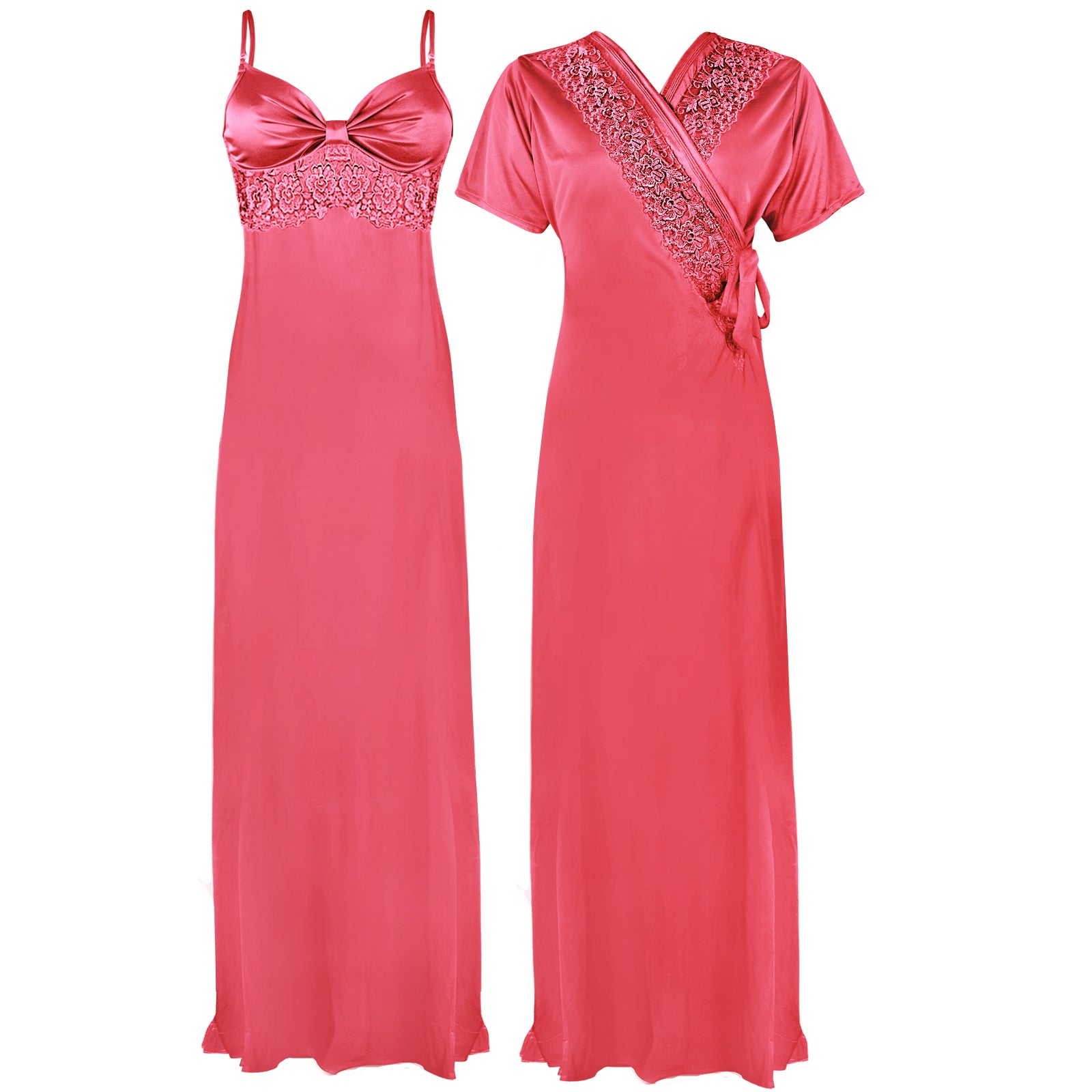 Coral Pink / One Size The Orange Tags Women Satin LACE Long Nightdress Ladies Nighty Chemise Embroidery Detailed The Orange Tags