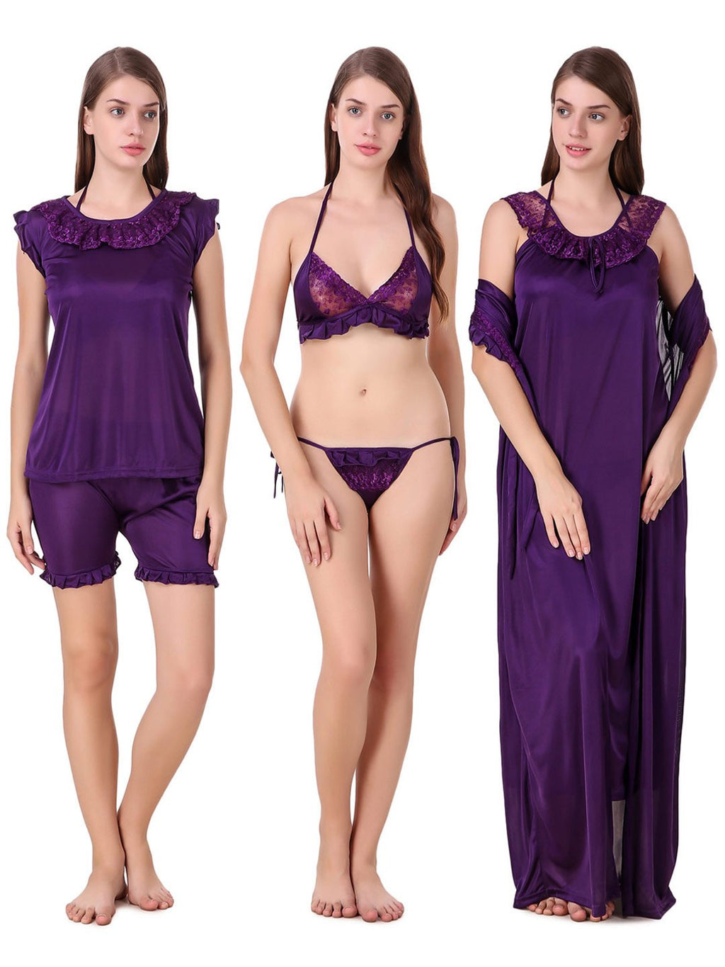 Dark Purple / One Size Mia Satin Nightwear Set 6 Piece The Orange Tags