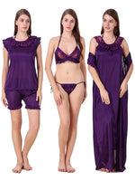 Charger l&#39;image dans la galerie, Dark Purple / One Size Mia Satin Nightwear Set 6 Piece The Orange Tags
