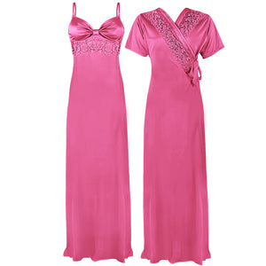 Pink / One Size The Orange Tags Women Satin LACE Long Nightdress Ladies Nighty Chemise Embroidery Detailed The Orange Tags