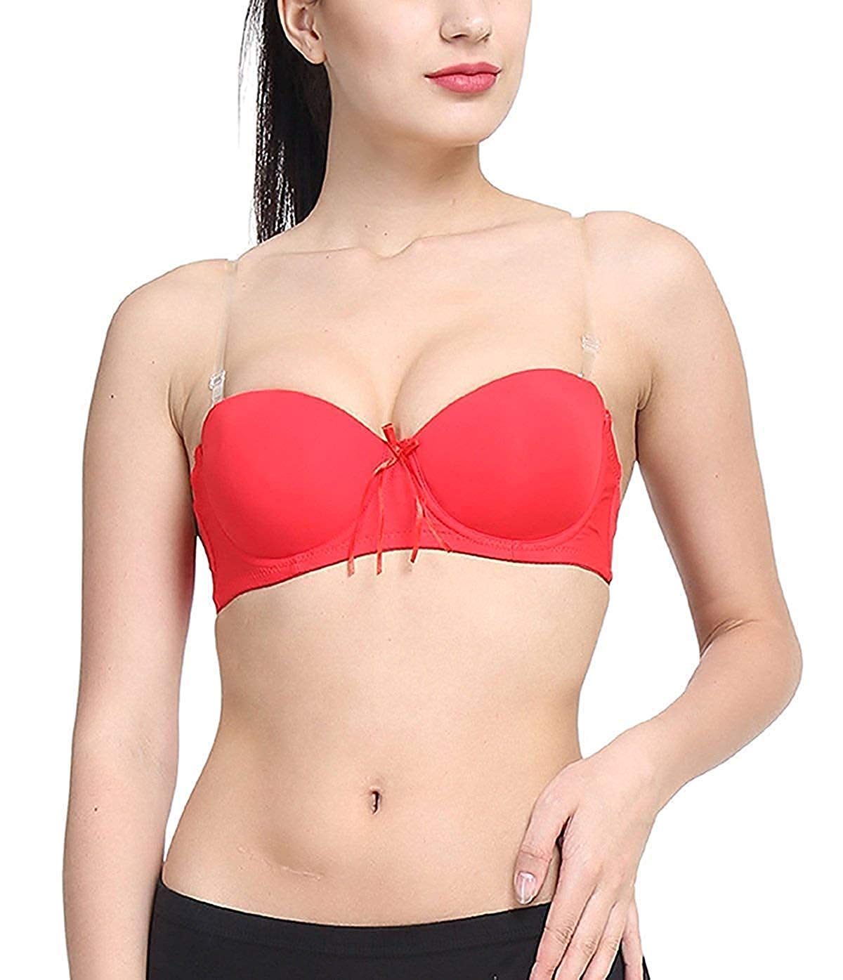 Red / 34 B Push Up Padded Bra Strapless Multiway Transparent Clear Back Straps Bras The Orange Tags
