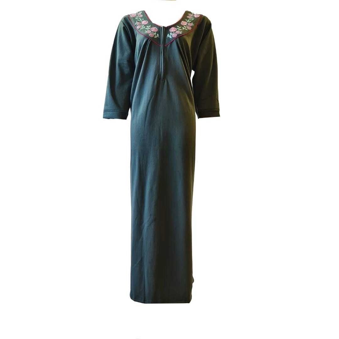Bottle Green / XL Women's Woollen Embroidery Full Sleeve Winter Ladies Fleece Nighty Maxi Gown Plus Size 14-18 The Orange Tags