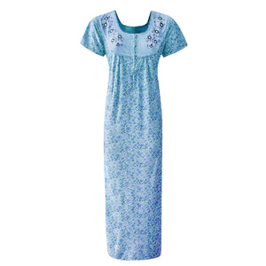Sky Blue / One Size Cotton Blend Zip Floral Nightdress The Orange Tags