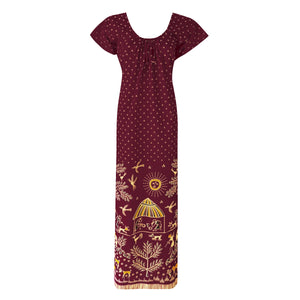 Deep Red / One Size 100% Cotton Long Printed Nightdress The Orange Tags