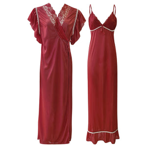 Deep Red / One Size 2 Pcs Satin Night dress and robe butterfly sleeve The Orange Tags