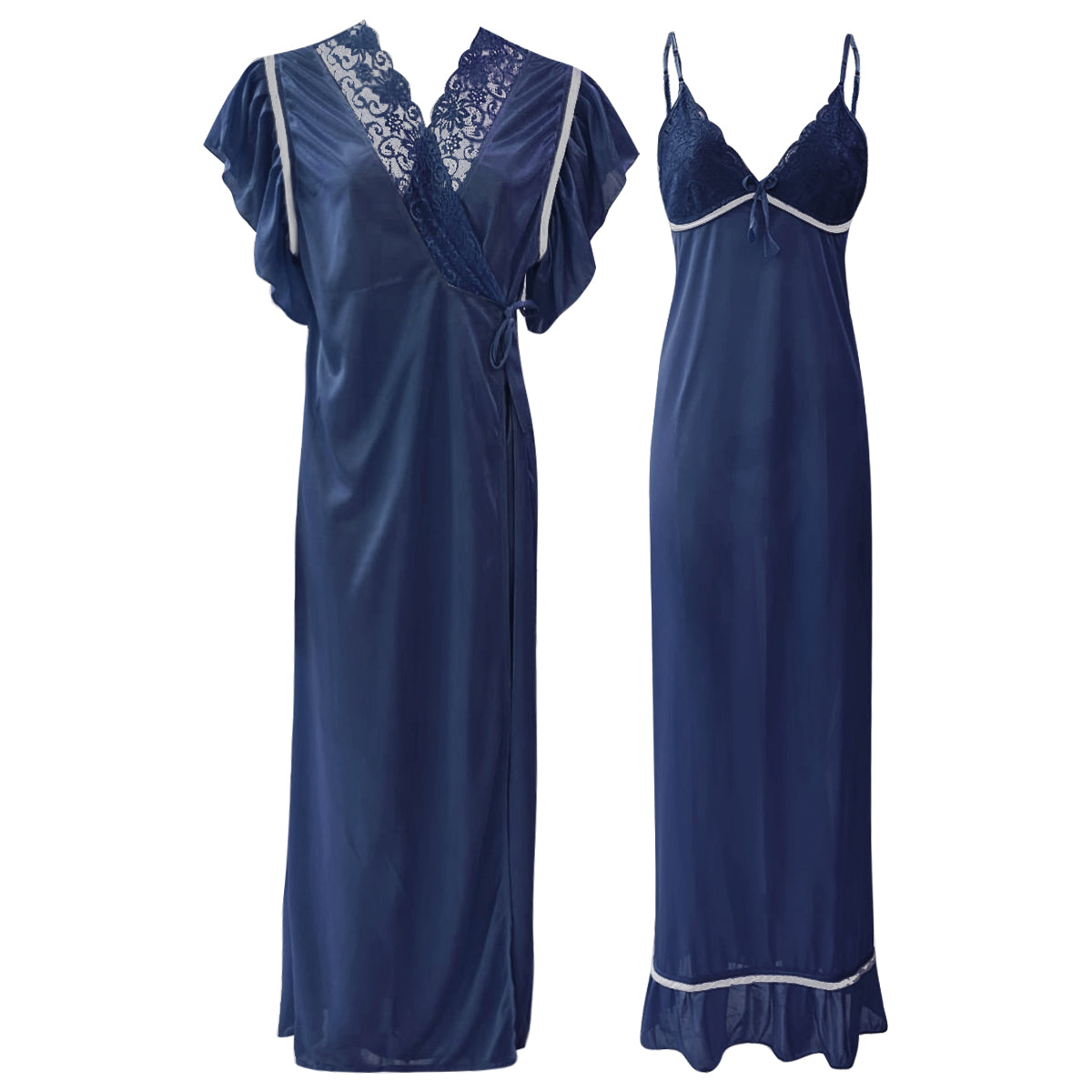 Navy / One Size 2 Pcs Satin Night dress and robe butterfly sleeve The Orange Tags