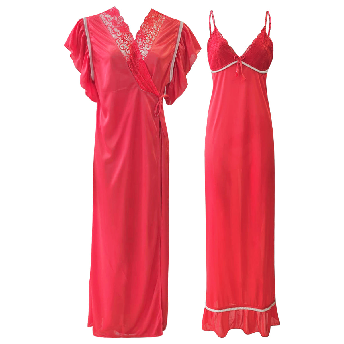 Pink / One Size 2 Pcs Satin Night dress and robe butterfly sleeve The Orange Tags