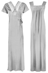 Silver / One Size WOMENS LONG SATIN CHEMISE NIGHTIE NIGHTDRESS LADIES DRESSING GOWN 2PC SET 8-16 The Orange Tags