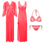 Load image into Gallery viewer, Coral / One Size Designer Satin Nighty with Long Sleeve Robe 4 Pcs Set The Orange Tags
