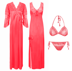 Coral / One Size Designer Satin Nighty with Long Sleeve Robe 4 Pcs Set The Orange Tags