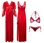 Load image into Gallery viewer, Red / One Size Designer Satin Nighty with Long Sleeve Robe 4 Pcs Set The Orange Tags

