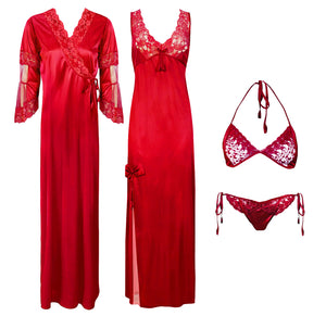 Red / One Size Designer Satin Nighty with Long Sleeve Robe 4 Pcs Set The Orange Tags