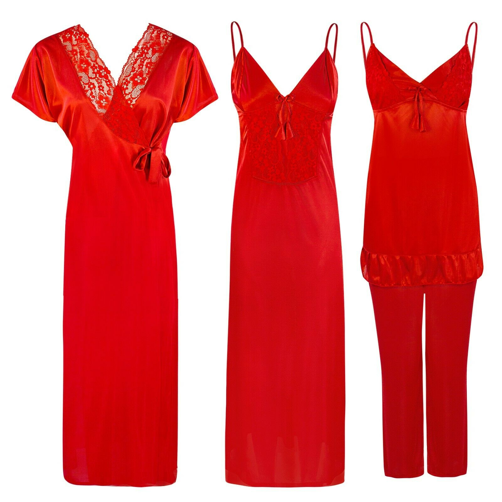 Red / One Size Satin 3 Pcs Nightwear Set The Orange Tags