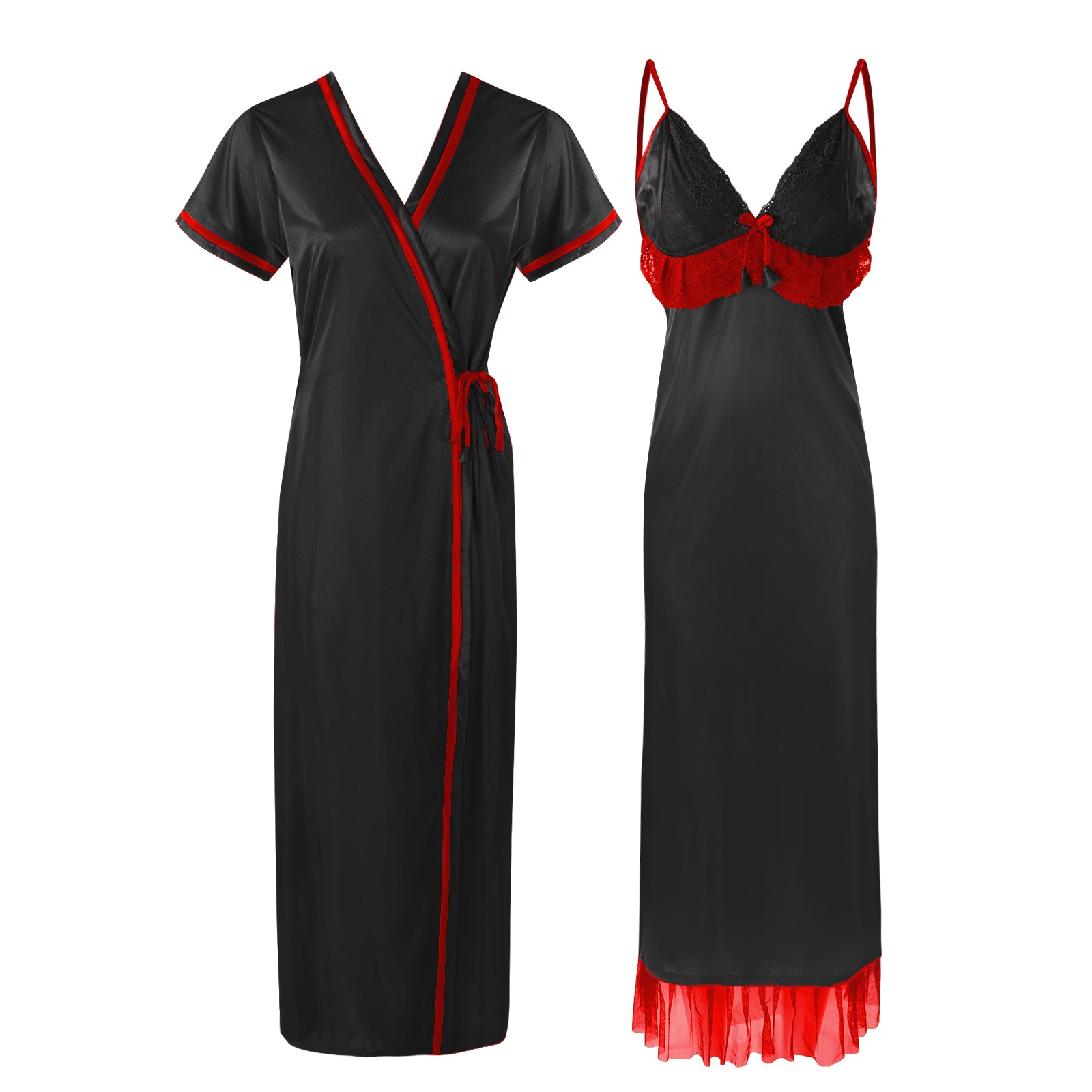 Black / One Size Womens 2 Pcs Satin Nightdress and Robe The Orange Tags