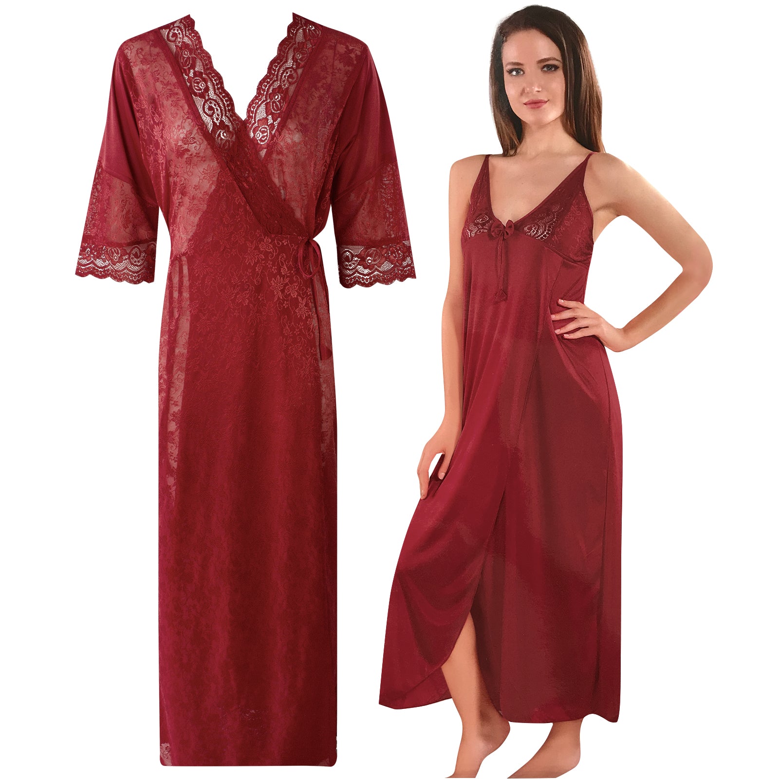 Deep Red / One Size Womens 2 Pcs Satin Nightdress and Robe The Orange Tags