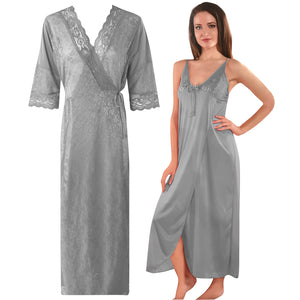 Grey / One Size Womens 2 Pcs Satin Nightdress and Robe The Orange Tags