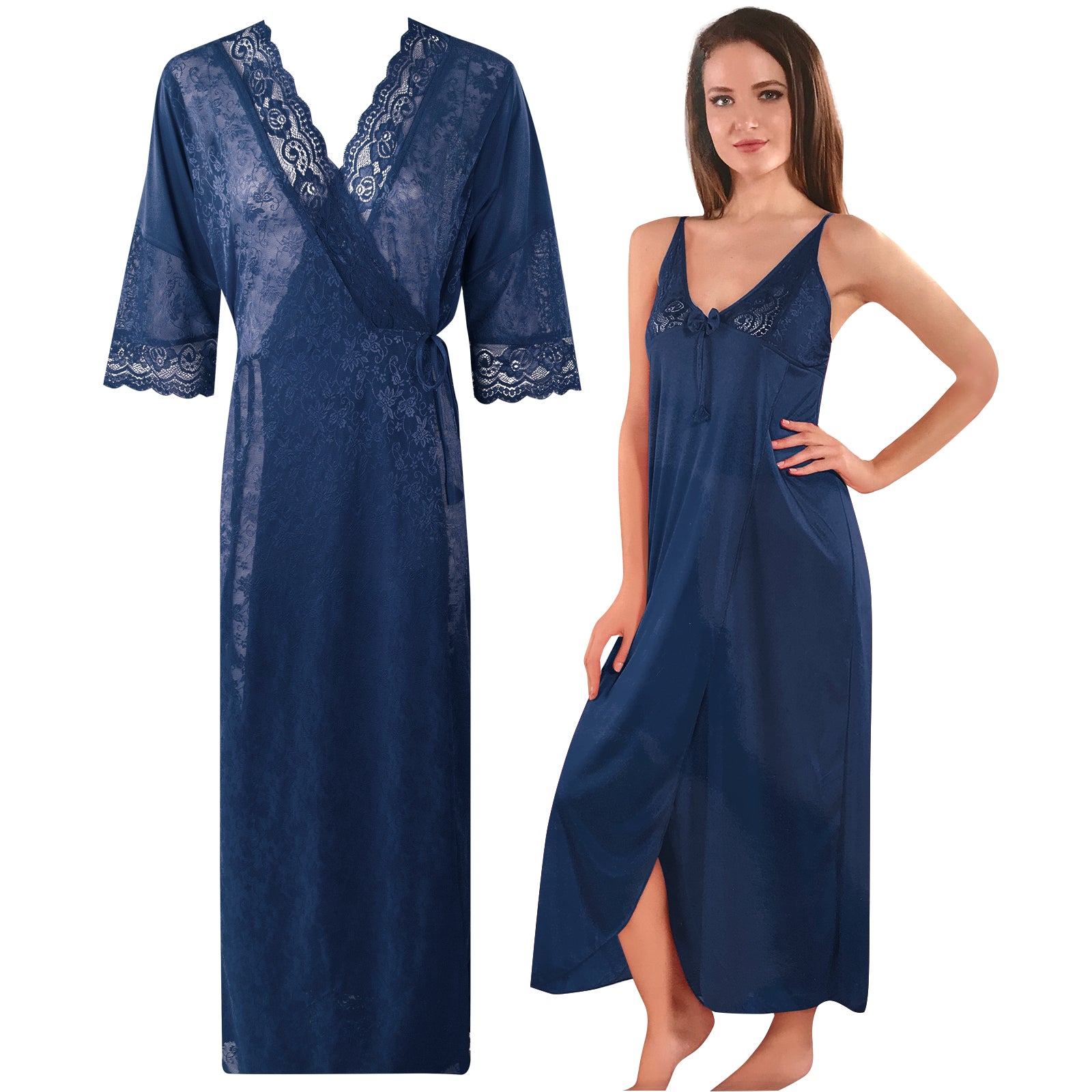 Navy / One Size Womens 2 Pcs Satin Nightdress and Robe The Orange Tags