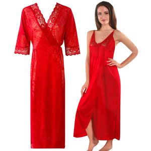 Red / One Size Womens 2 Pcs Satin Nightdress and Robe The Orange Tags