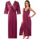 Charger l&#39;image dans la galerie, Wine / One Size Womens 2 Pcs Satin Nightdress and Robe The Orange Tags
