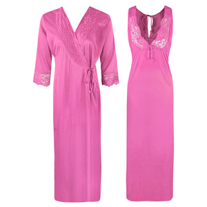 Rose Pink / One Size Sexy 2Pc Satin Lace Nightdress and Robe The Orange Tags