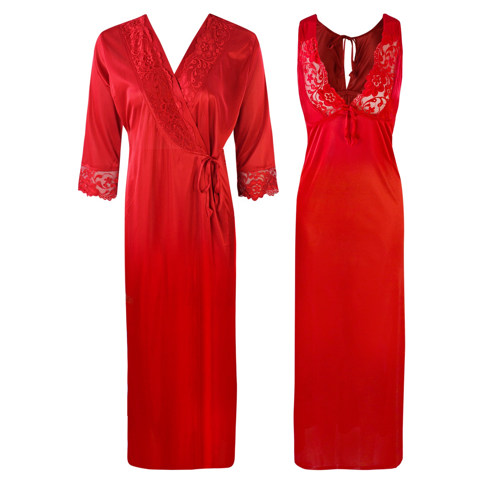 Red / One Size Sexy 2Pc Satin Lace Nightdress and Robe The Orange Tags