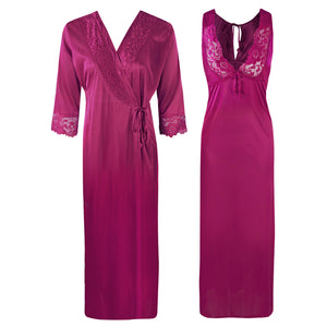Wine / One Size Sexy 2Pc Satin Lace Nightdress and Robe The Orange Tags