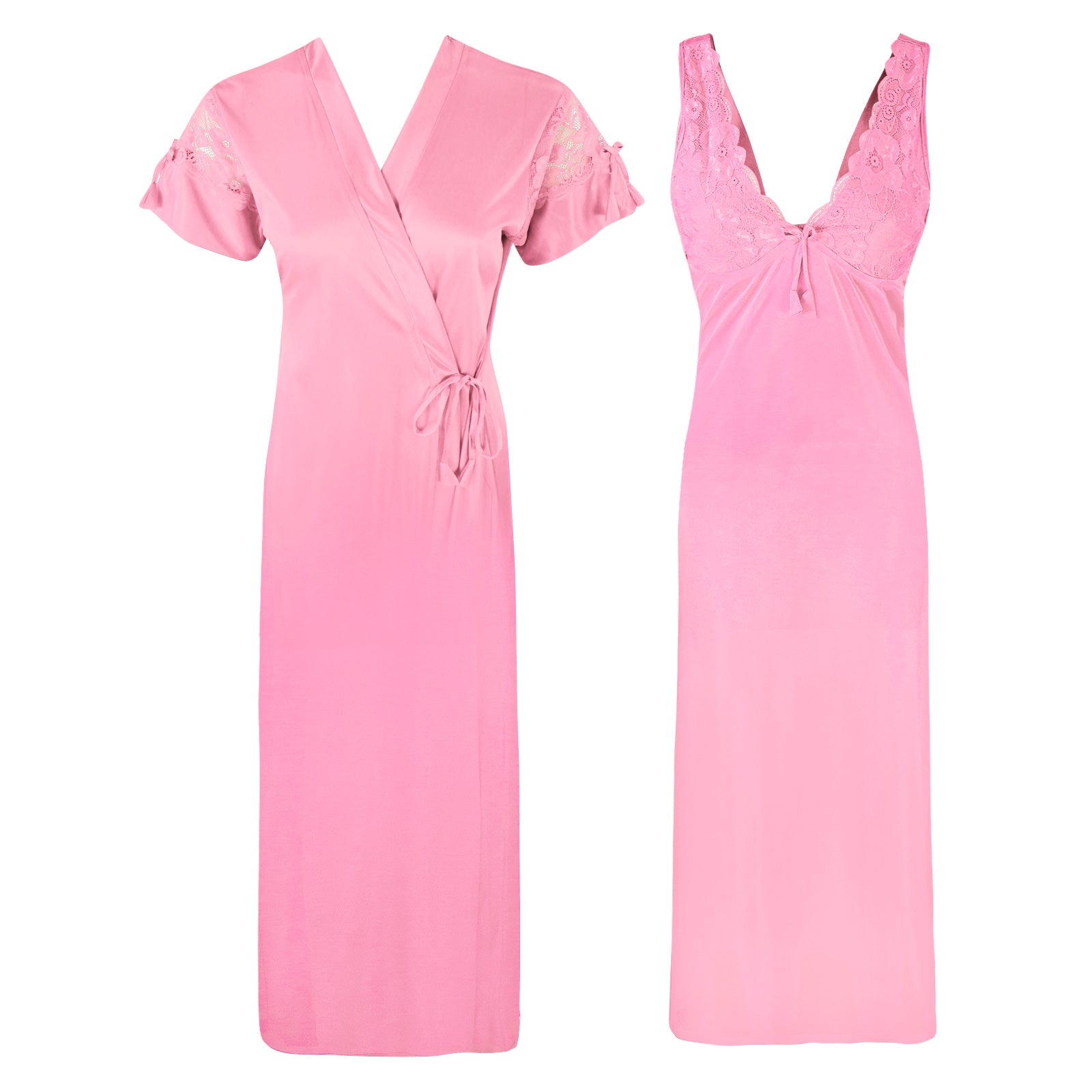 Pink / One Size 2 Pcs Satin Nighty with Robe The Orange Tags
