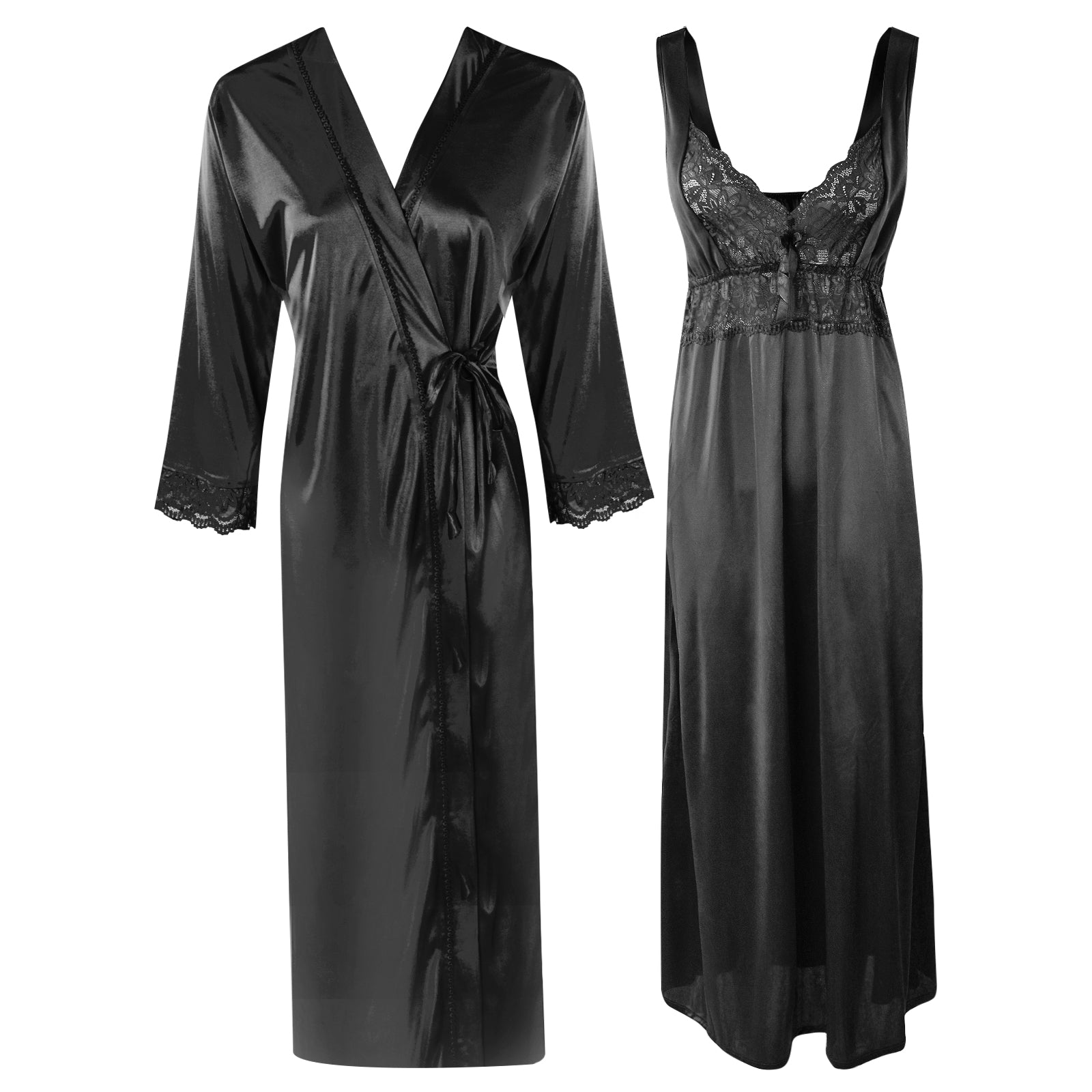 Black / One Size Long Nighty with Full Sleeve Robe The Orange Tags