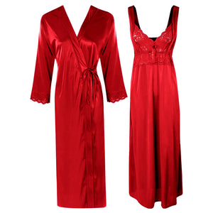 Deep Red / One Size Long Nighty with Full Sleeve Robe The Orange Tags