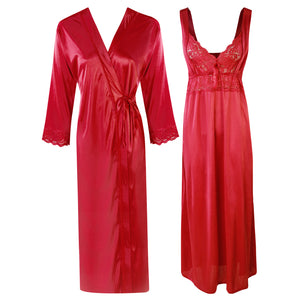 Red / One Size Long Nighty with Full Sleeve Robe The Orange Tags