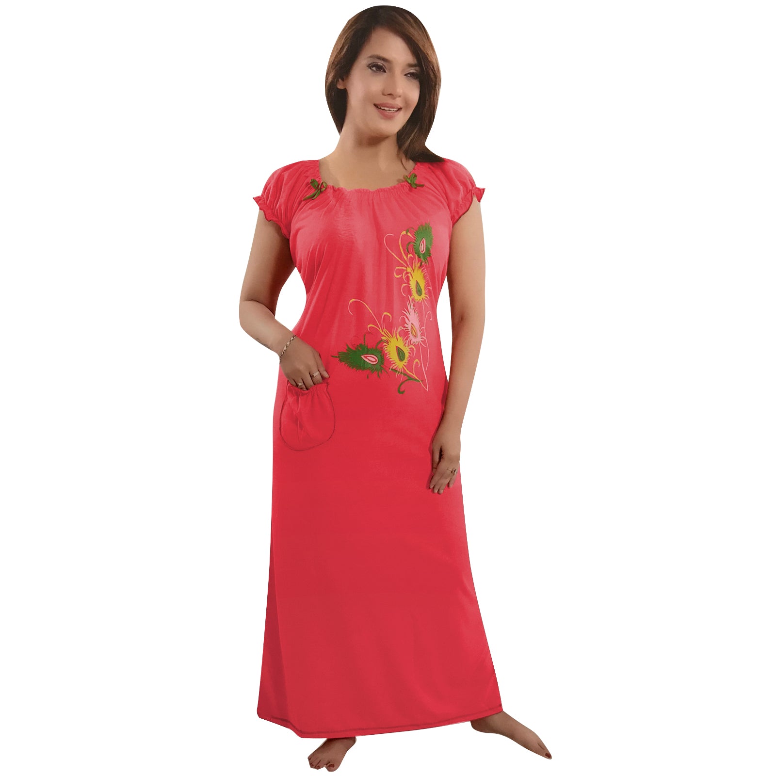 Coral / One Size Cotton Rich Long Nighty Free Size The Orange Tags