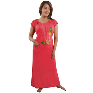 Coral / One Size Cotton Rich Long Nighty Free Size The Orange Tags