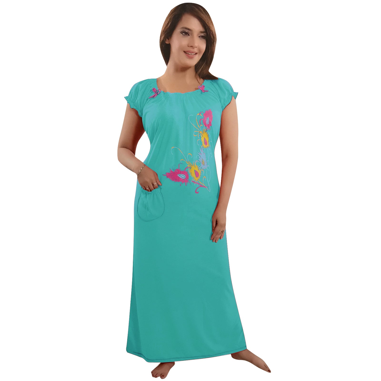 Teal / One Size Cotton Rich Long Nighty Free Size The Orange Tags