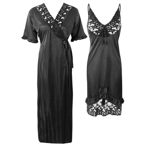 Black / One Size Lace Cami Nightdress & Robe Pyjama Set The Orange Tags