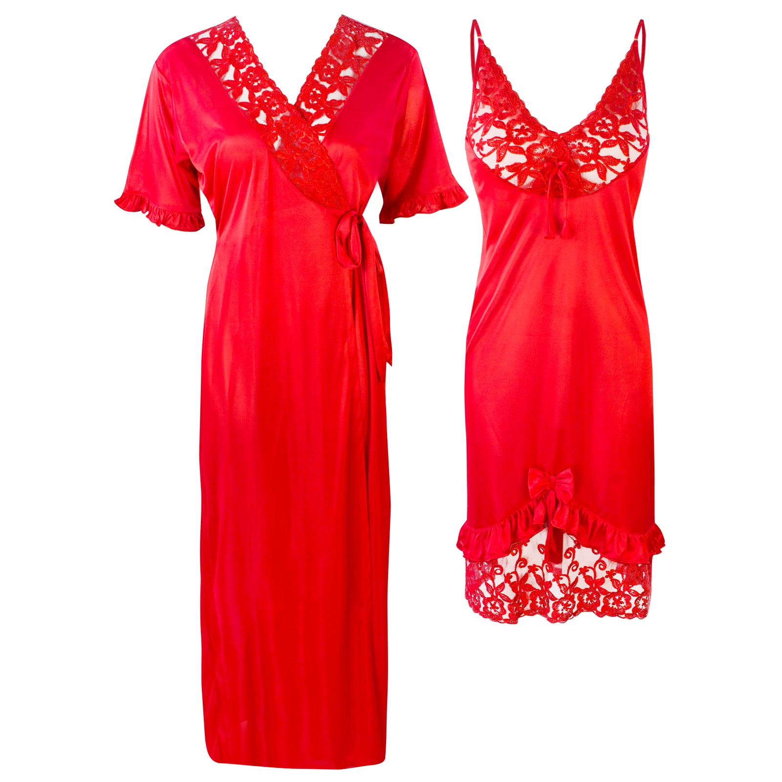 Red / One Size Lace Cami Nightdress & Robe Pyjama Set The Orange Tags