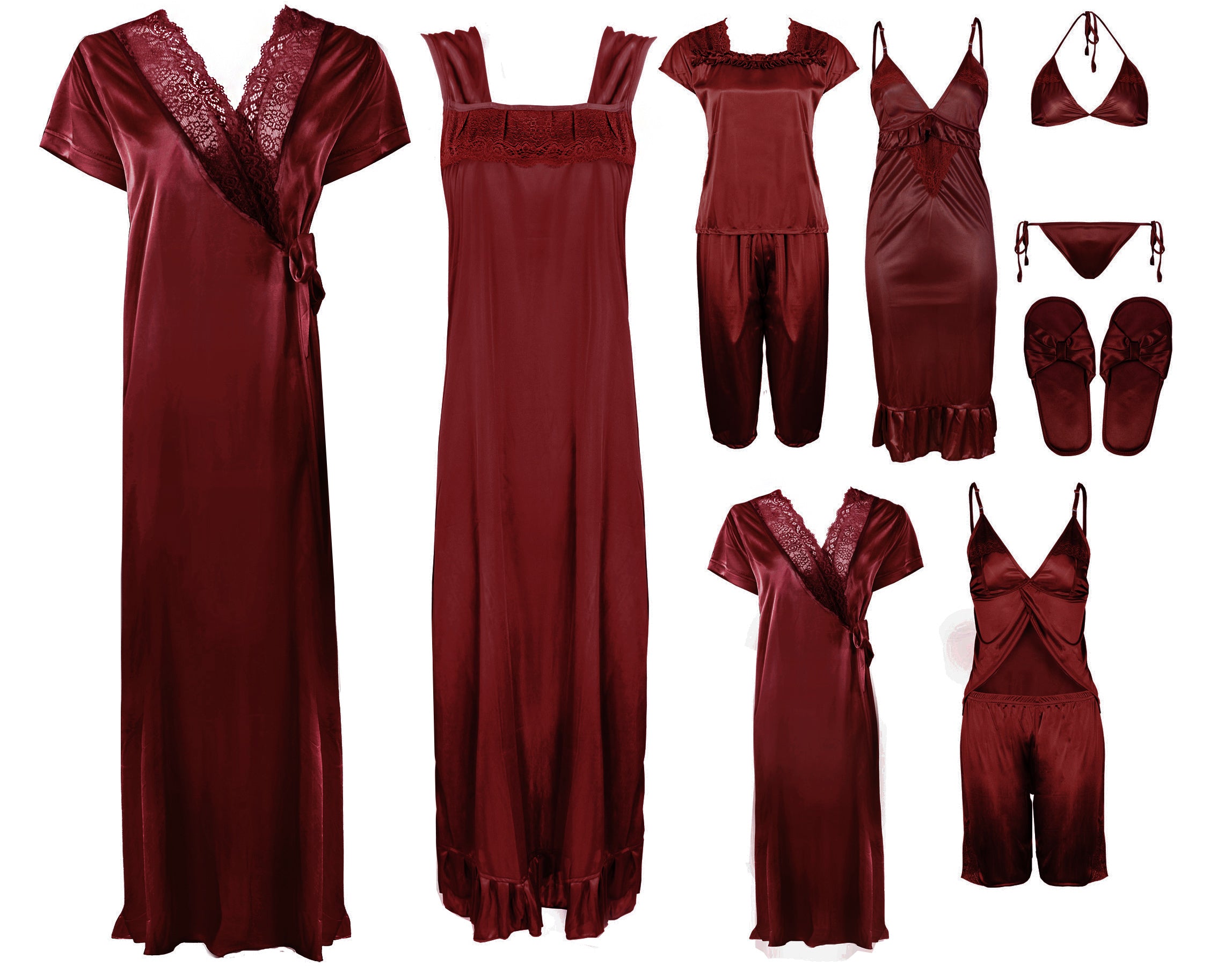 Deep Red / One Size: Regular (8-14) Bridal 11 Piece Nightwear Set The Orange Tags