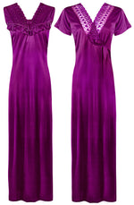 Afbeelding in Gallery-weergave laden, Purple / One Size Women Satin Long Nighty and Housecoat The Orange Tags
