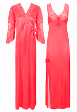 Load image into Gallery viewer, Coral / 8-14 Designer Satin Nighty with Long Sleeve Robe The Orange Tags

