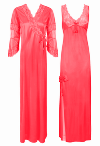 Coral / 8-14 Designer Satin Nighty with Long Sleeve Robe The Orange Tags