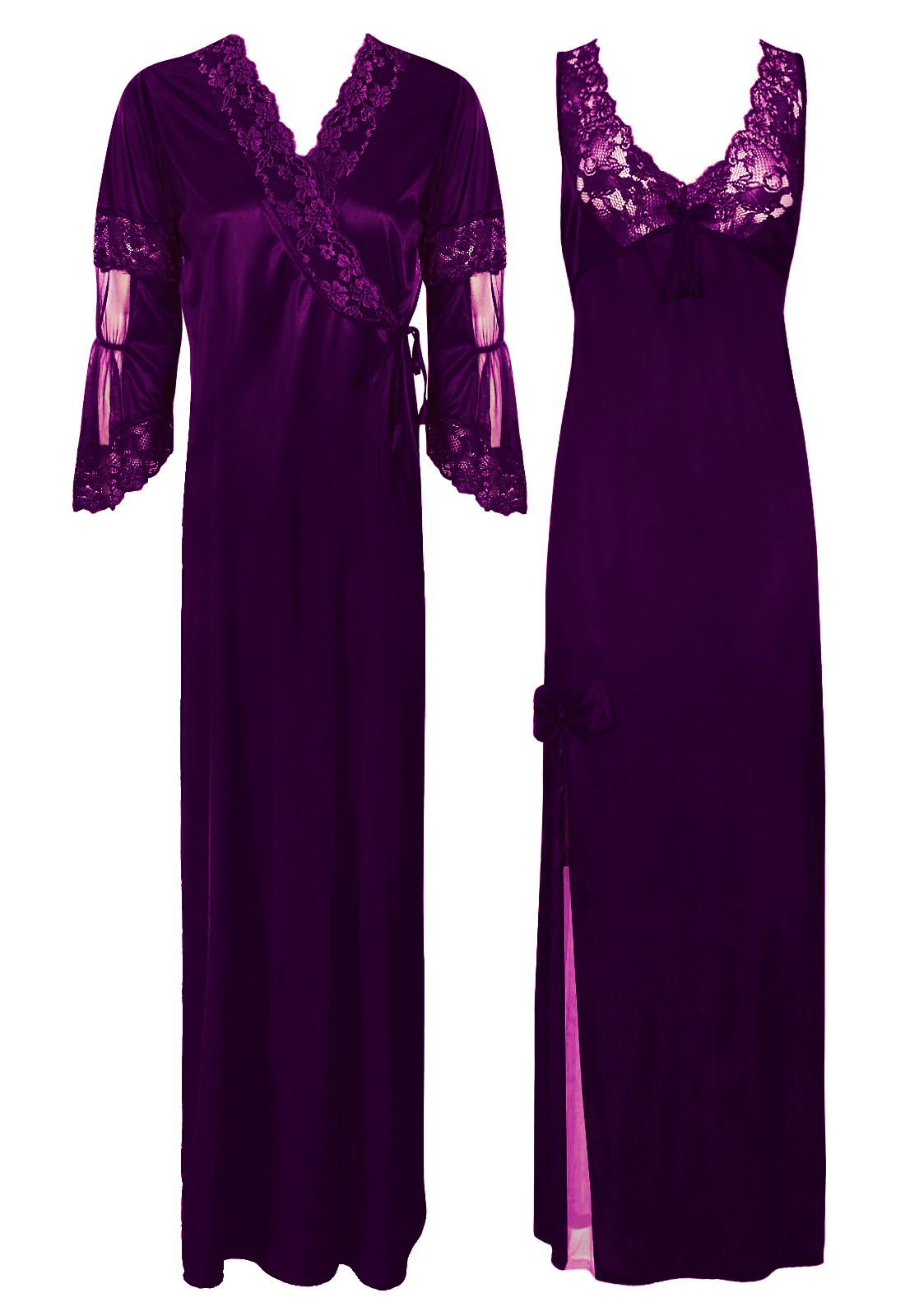 Dark Purple / 8-14 Designer Satin Nighty with Long Sleeve Robe The Orange Tags