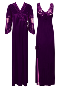 Dark Purple / 8-14 Designer Satin Nighty with Long Sleeve Robe The Orange Tags