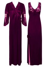 Load image into Gallery viewer, Dark Wine / 8-14 Designer Satin Nighty with Long Sleeve Robe The Orange Tags
