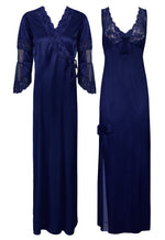 Charger l&#39;image dans la galerie, Navy / 8-14 Designer Satin Nighty with Long Sleeve Robe The Orange Tags
