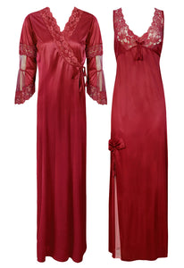 Red / 8-14 Designer Satin Nighty with Long Sleeve Robe The Orange Tags