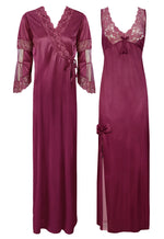 Load image into Gallery viewer, Wine / 8-14 Designer Satin Nighty with Long Sleeve Robe The Orange Tags
