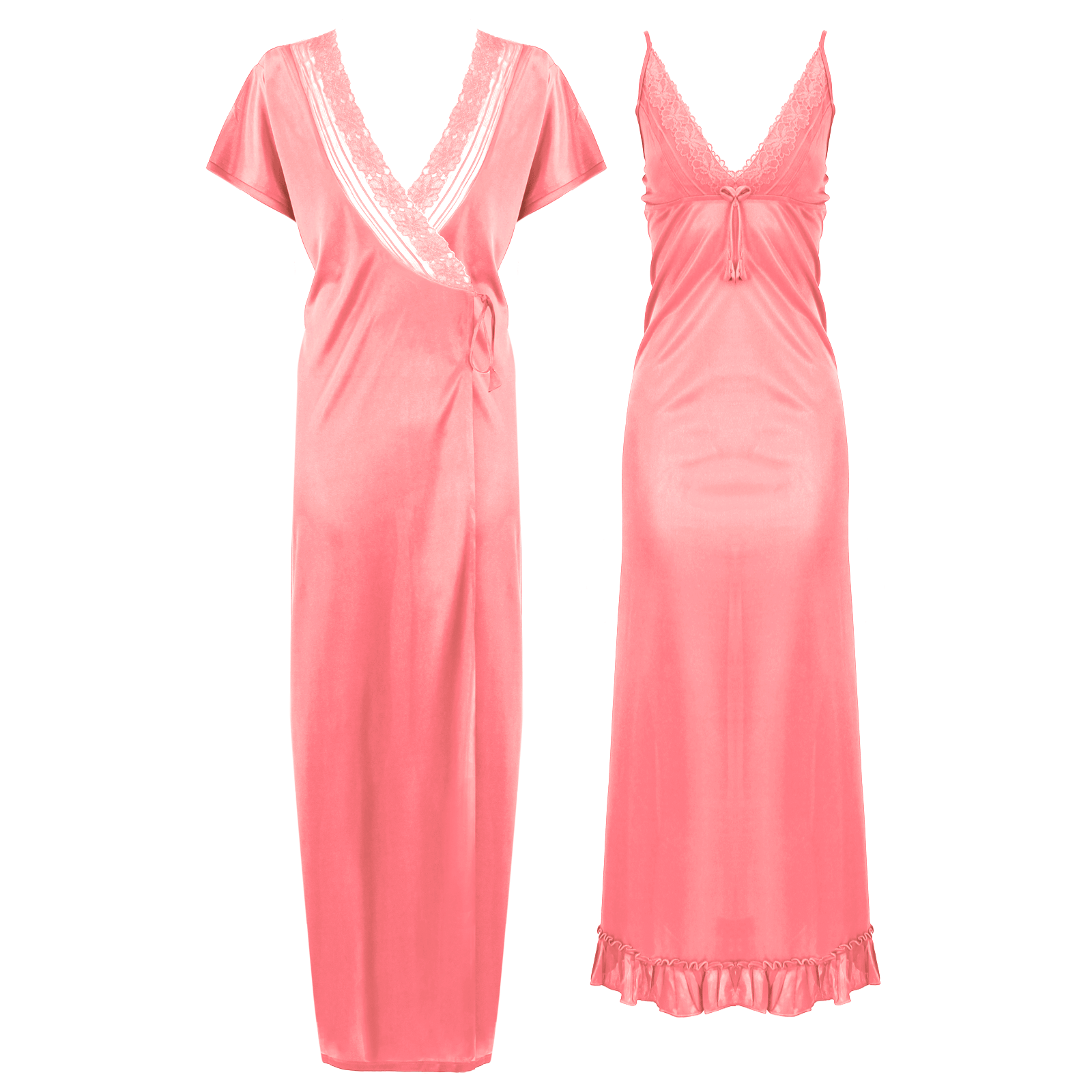 Baby Pink / One Size 2 Pcs Satin Strappy Nighty With Dressing Gown The Orange Tags