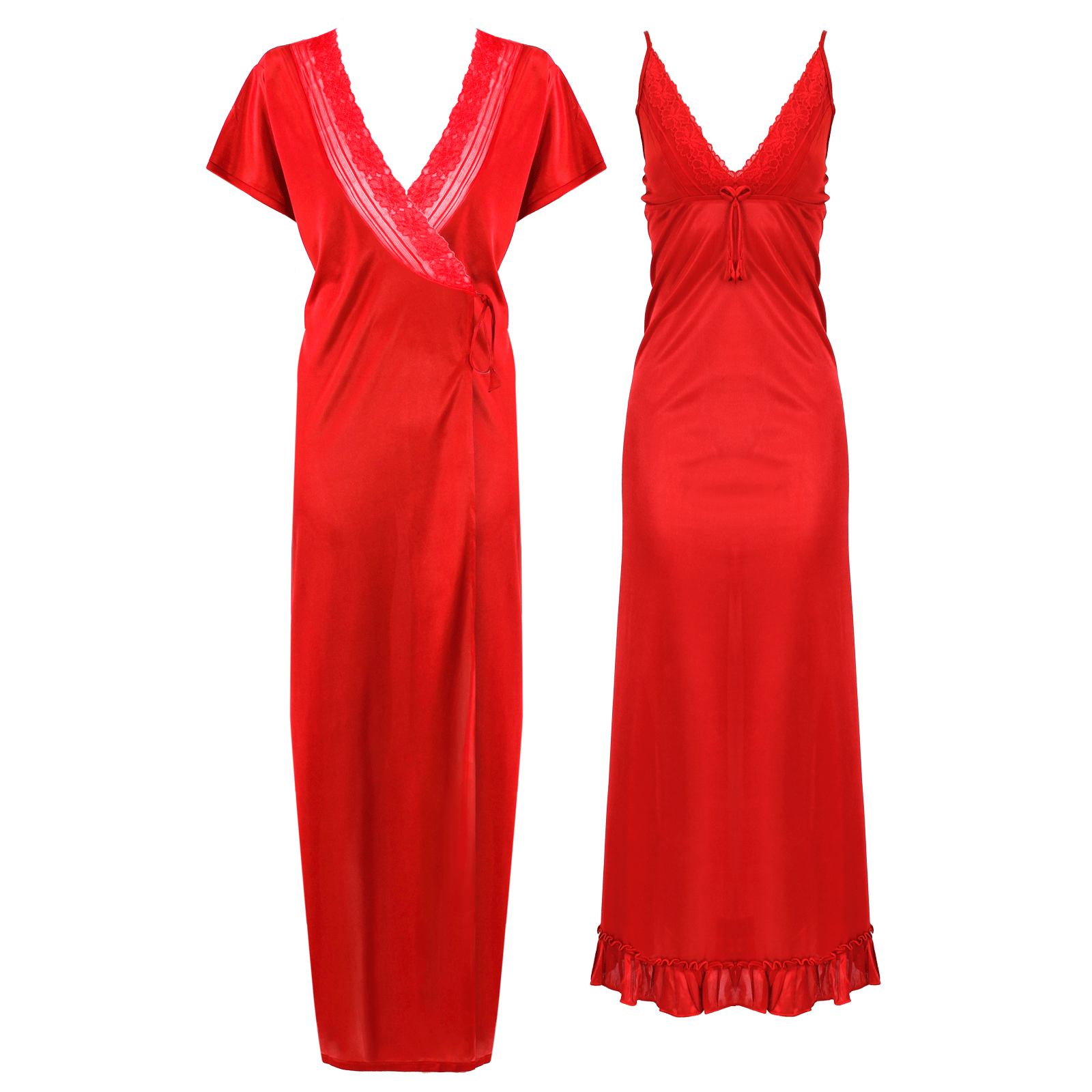 Red / One Size 2 Pcs Satin Strappy Nighty With Dressing Gown The Orange Tags
